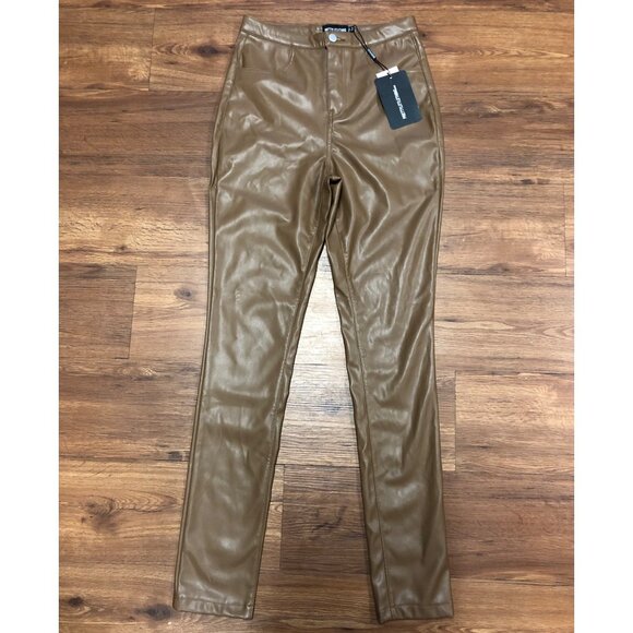 BNWT Pretty Little Thing Chocolate Button Up Faux Leather Skinny Trousers - Size - Picture 1 of 9